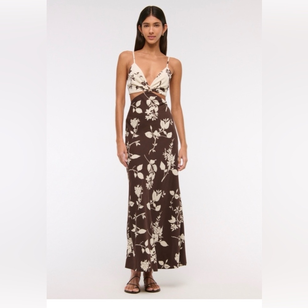 Abercrombie & Fitch Cream/Brown Julia Slip Floral Twist Cut Out Maxi Dress - S